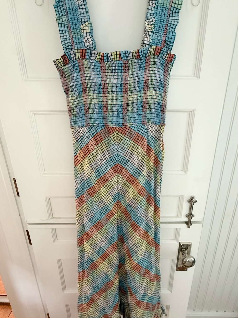 Smocked Multicolor Maxi Dress - Blue, Coral & Yellow - Picture 5 of 5